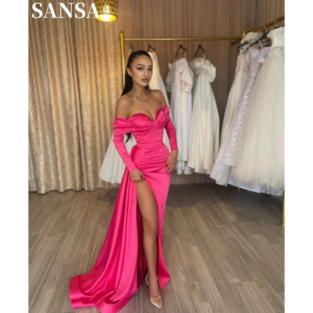 

Sansa Elegant A-Line Satin Prom Dress Customized Floor-Length Pleats Wedding Dresses Off Shoulder Side Splite Vestidos De Fiesta