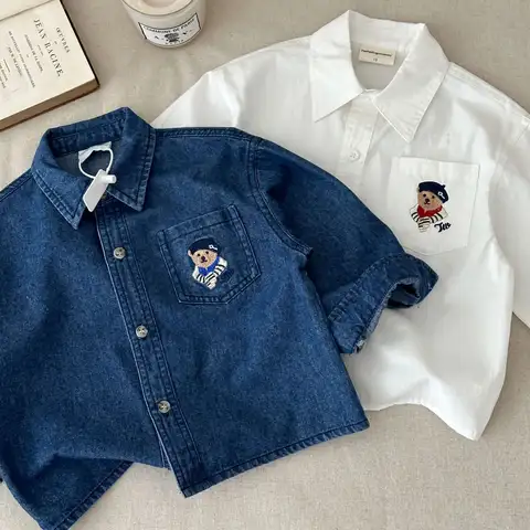 2025 Spring Autumn Boys Casual Cotton Long Sleeve Blouse with Embroidery Bear Two Colors