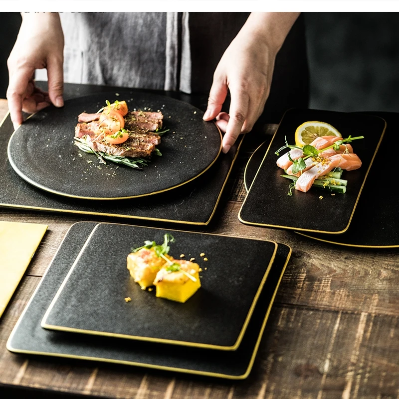 

Матовый керамический стейк, 12 дюймов, прямоугольный черный десерт для суши, 8 дюймов, ужин