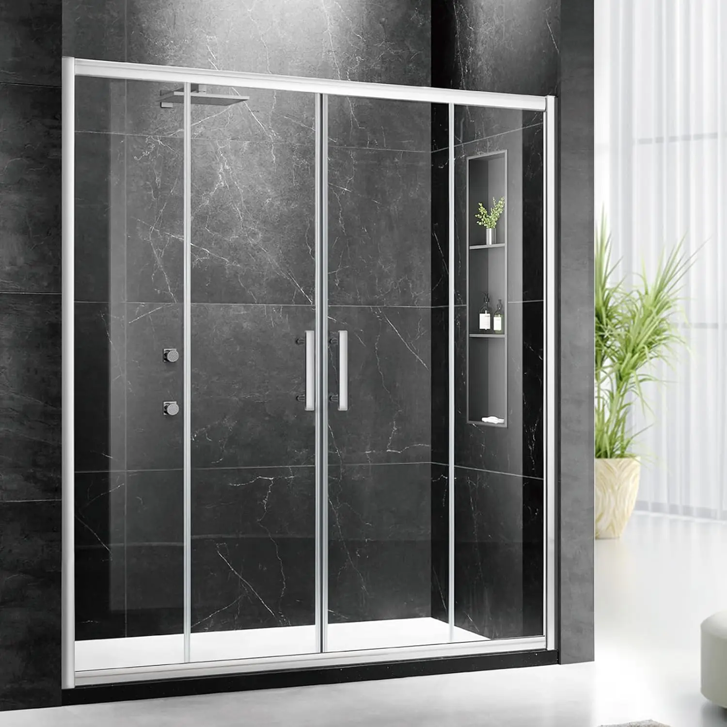 Framed Double Sliding Shower Door, 66 In. W X 76 In. H Clear Tempered Glass Door With Resistance Free Hinges,Self Suction