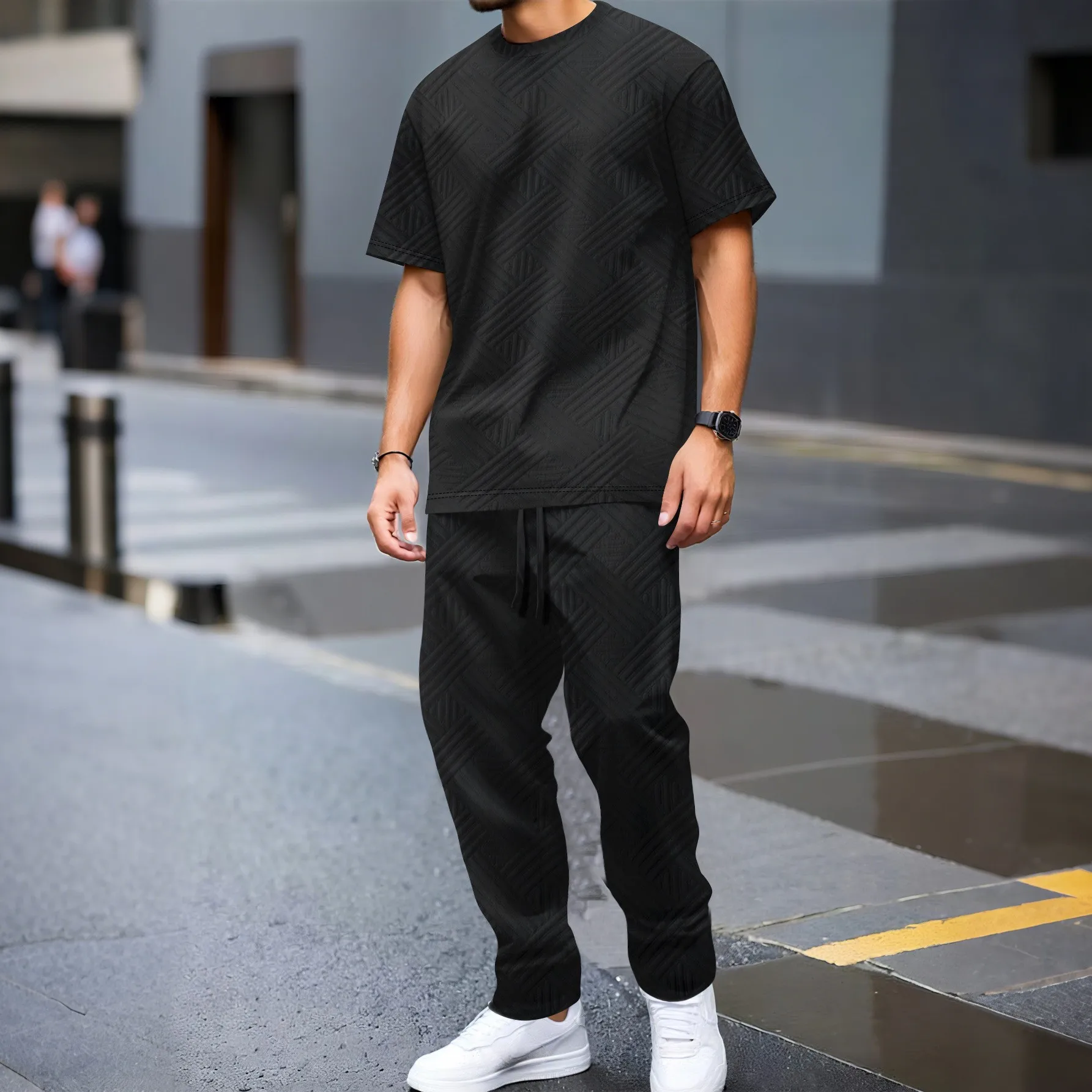 

Spring/Summer New Men's Solid Color Short-Sleeved Round-Neck T-Shirt and Plaid Pants Casual Set