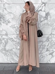 Ruched Sleeves Dubai Abaya Open Front Kimono Islamic Clothing Muslim Women Ramadan Eid Hijabi Robe Kaftan Turkish Modest Outwear