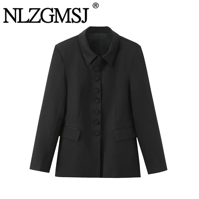 Nlzgmsj 2026 Spring Women's Black Blazer Lapel Collar Long Sleeve Single Breasted Slim Fit Office Work Suit Jacket