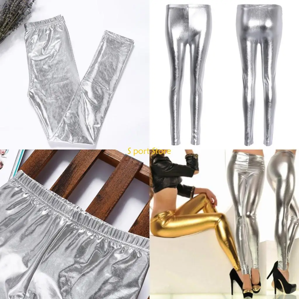 

U2JB Women Silver Gold Faux Leather Stretch Workout Leggings Tummy Control Yoga Pants