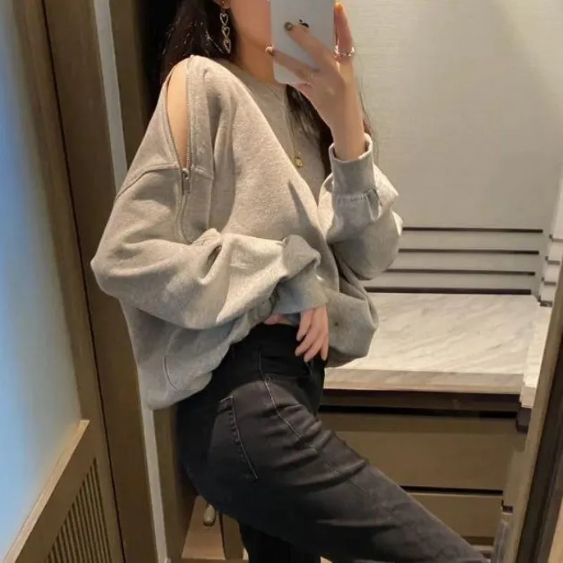 

Свободная толстовка с открытыми плечами для женщин, красивый цвет, Kpop Y2k, стиль 2000-х годов, повседневная толстовка, дропшиппинг, женский пуловер в стиле эмо, топы