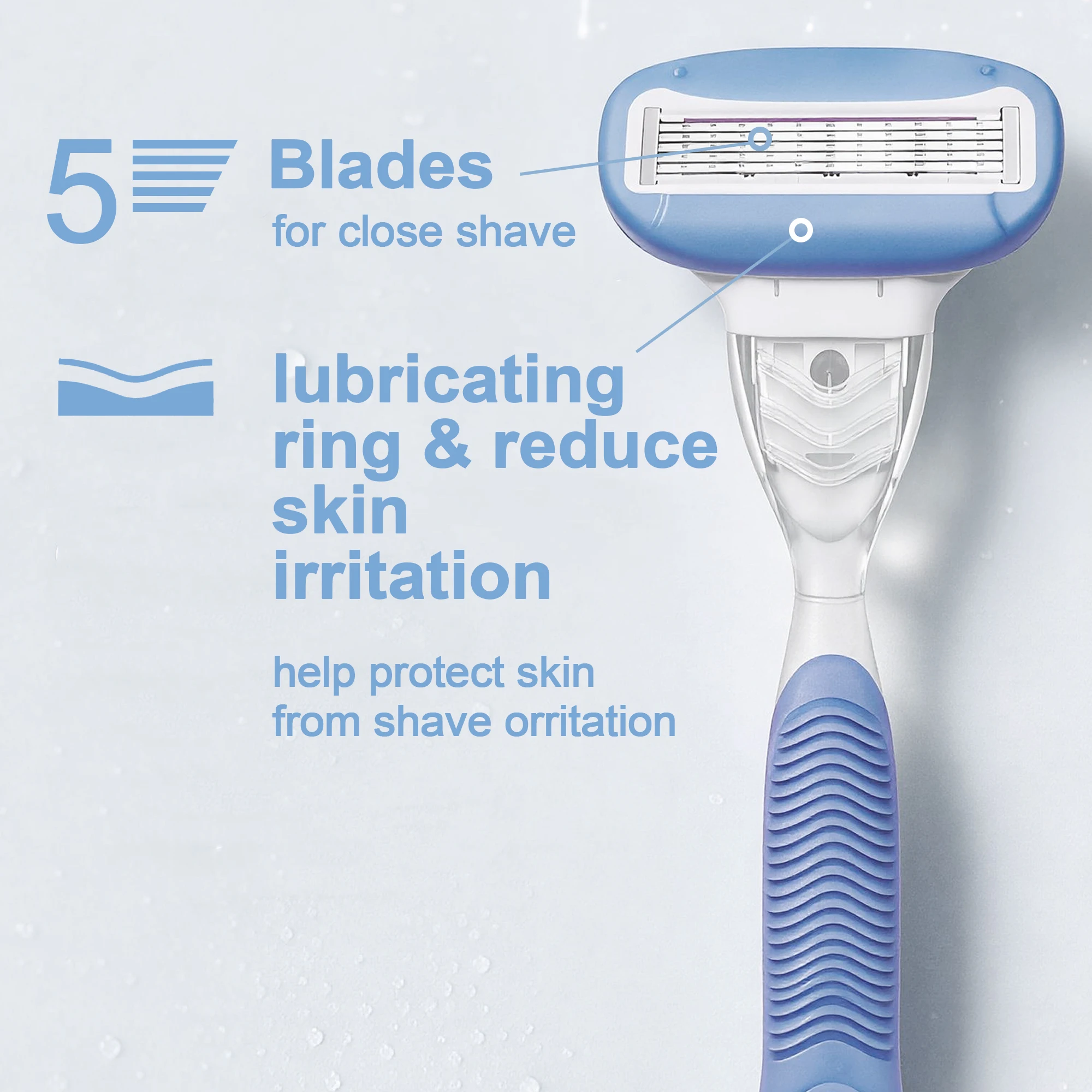 Razors for Women 5-Blade Refillable Manual Shaver with Lubricating Ring & Non-Slip Handle, Body Hair Remover for Legs Armpits Bi