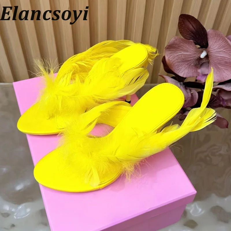 New women's feather decorated high-heeled shoes with exposed toes solid color high-heeled sandals party fashion dress shoes