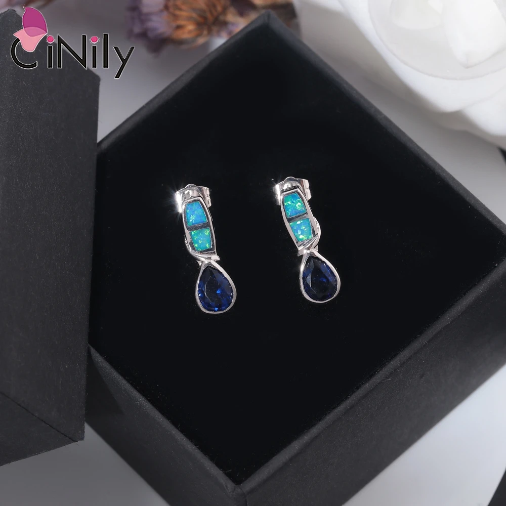 CiNily Created Blue Fire Opal Stud Earring with Blue Stone Silver Plated Pendant Necklace Wedding Designer Jewelry Set for Women