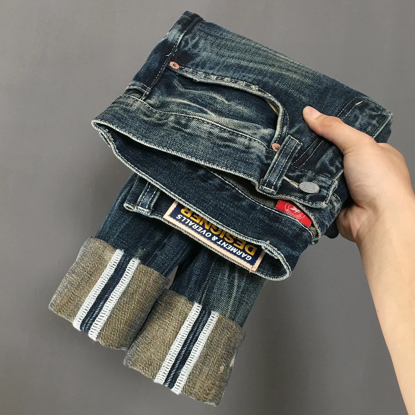 Pantalones vaqueros rasgados de alta calidad para hombre, pantalones holgados y rectos con parche Vintage americano, pantalones de calle desgastados lavados de algodón 100%