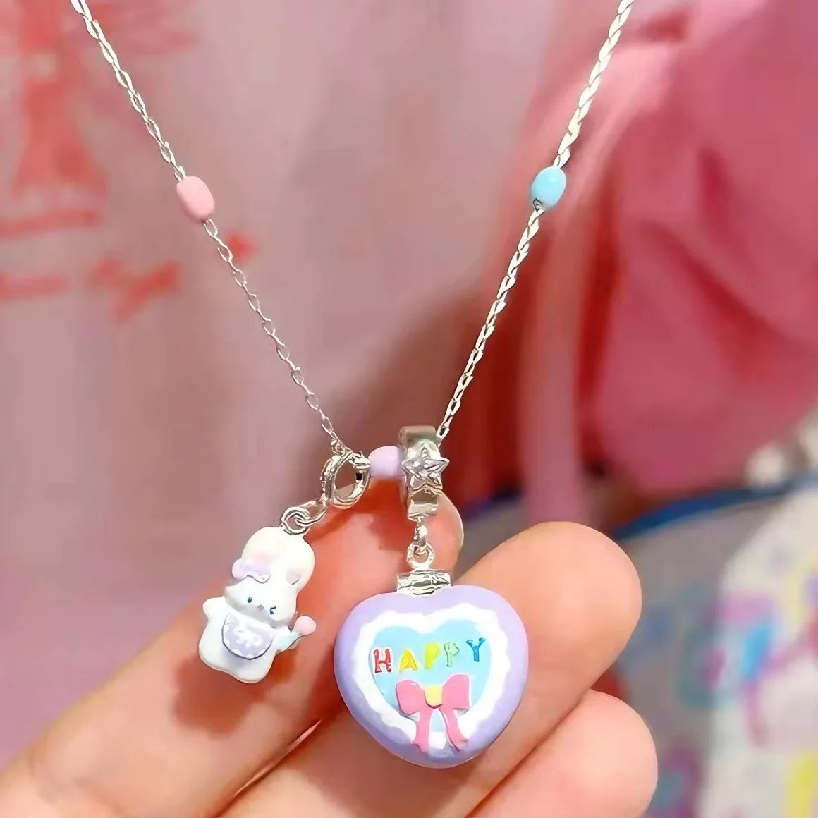 Opening Closing Phase Box Jewelry Pendant Necklace For Women's Rabbit HAPPY Heart Opening Necklace Cute Clavicle Chain Necklace