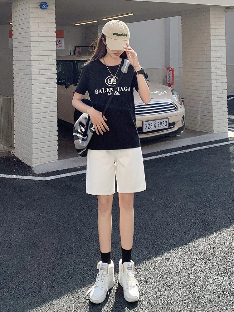High Waist Wide Leg Five-Point Short Jeans Women's Summer Thin Cotton Polyester Blend Loose Fit Student Style Straight Leg