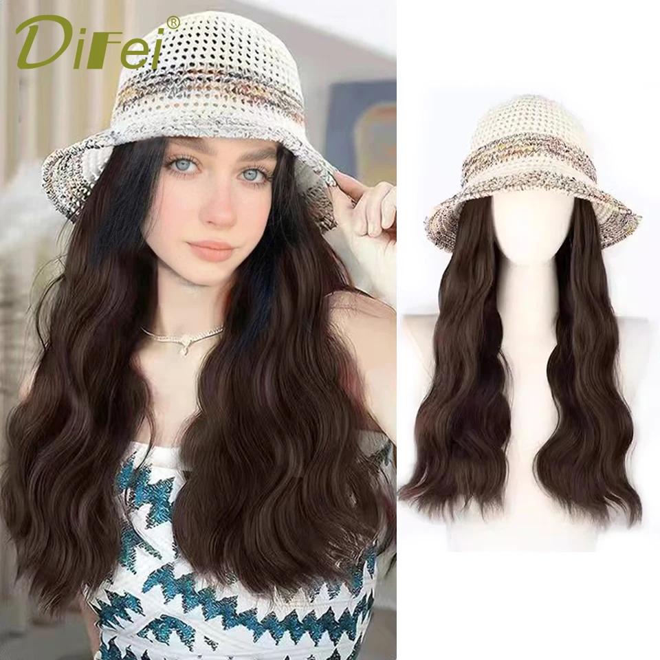 DIFEI Synthetic Wig Women's Hat One Rainbow Woven Fisherman's Hat Sweet Curly Hair Sun Protection Beach Holiday Wig Hat