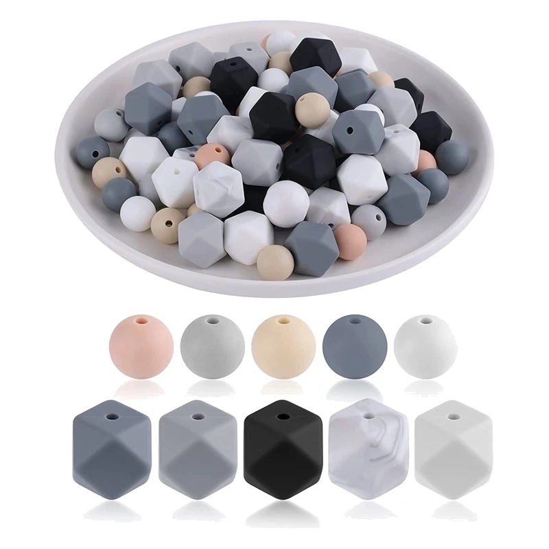 100Pcs Round And Hexagon Silicone Beads Silica Gel Keychain Making Kit For Keychain Jewelry DIY Crafts Making