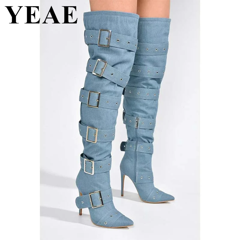 

2024 New Belt Buckle Pointed Toe Over The Knee Boots Women Sexy High Heels Shoes Fashion Motorcycle Thigh High Boots Large Size