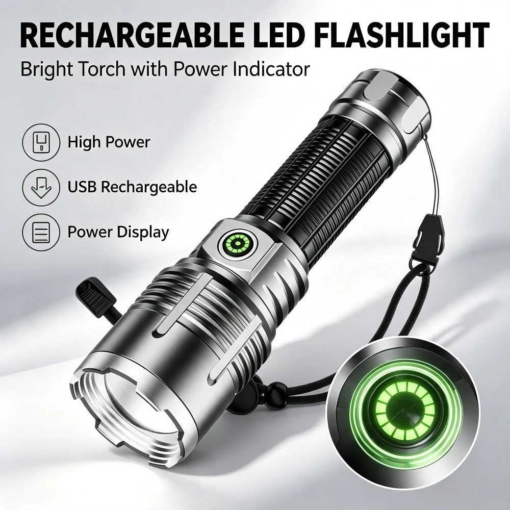 Super Bright Rechargeable Flashlight Portable Long Lasting Torch for Outdoor Carry Household Night Emergency Lighting