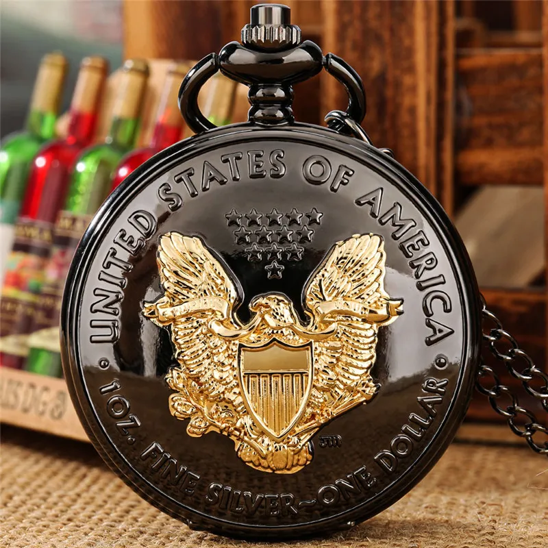 

Steampunk United States Eagle Pattern Men Women Quartz Analog Pocket Watch Roman Number Display Necklace Pendant Chain Clock