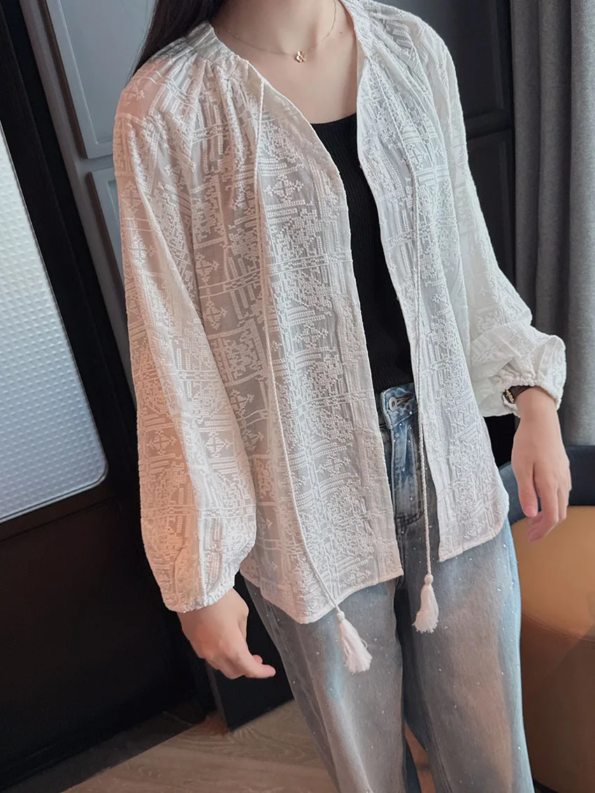 

Хлопково-шелковая блузка Moon Love Letter с вышивкой, ажурная, дышащая, с защитой от солнца, белая, с поясом, свободного кроя, с длинными рукавами...