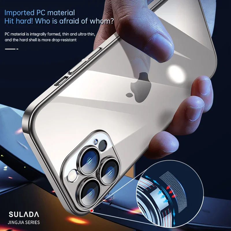 Original Sulada Glossy Plating Frame Transparent PC Case For iPhone 15 Pro Max Plus Glass Camera Lens Protector Armor Slim Cover