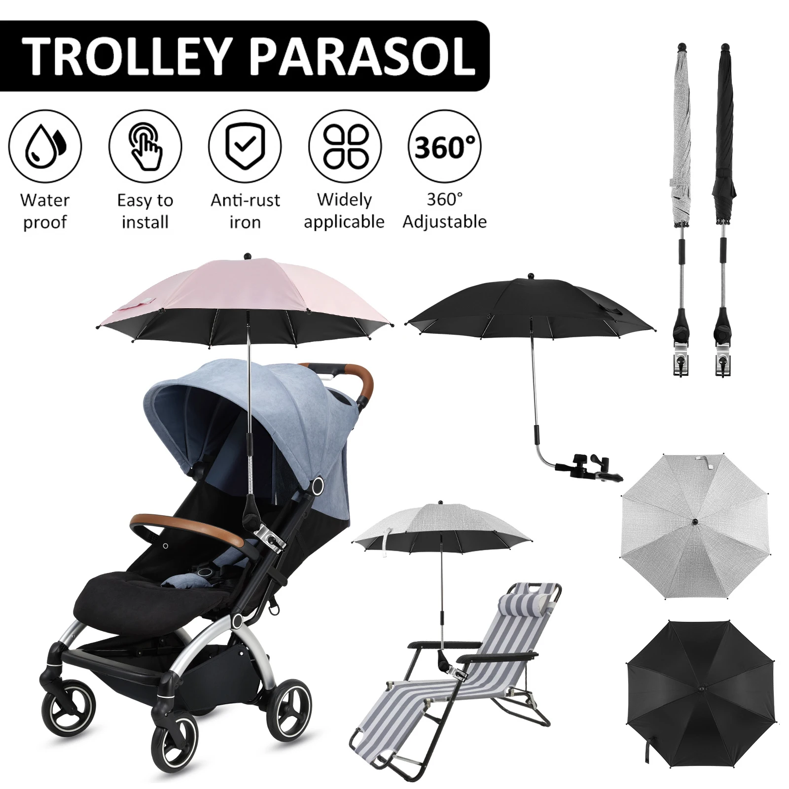 Universal Baby Stroller Umbrella UV Sun Rain Protection Parasol 360° Adjustable Sunshade Patio Beach Chair Umbrella Rainproof