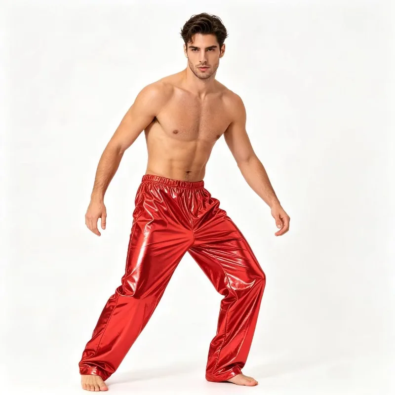 Herren-Hose mit glänzendem Metallic-Effekt, gerades Bein, elastische Hose mit Kordelzug an der Taille, lockere Hose, Nachtclub, Disco, Bühnenauftritt, Party-Kostüm – Detail 4
