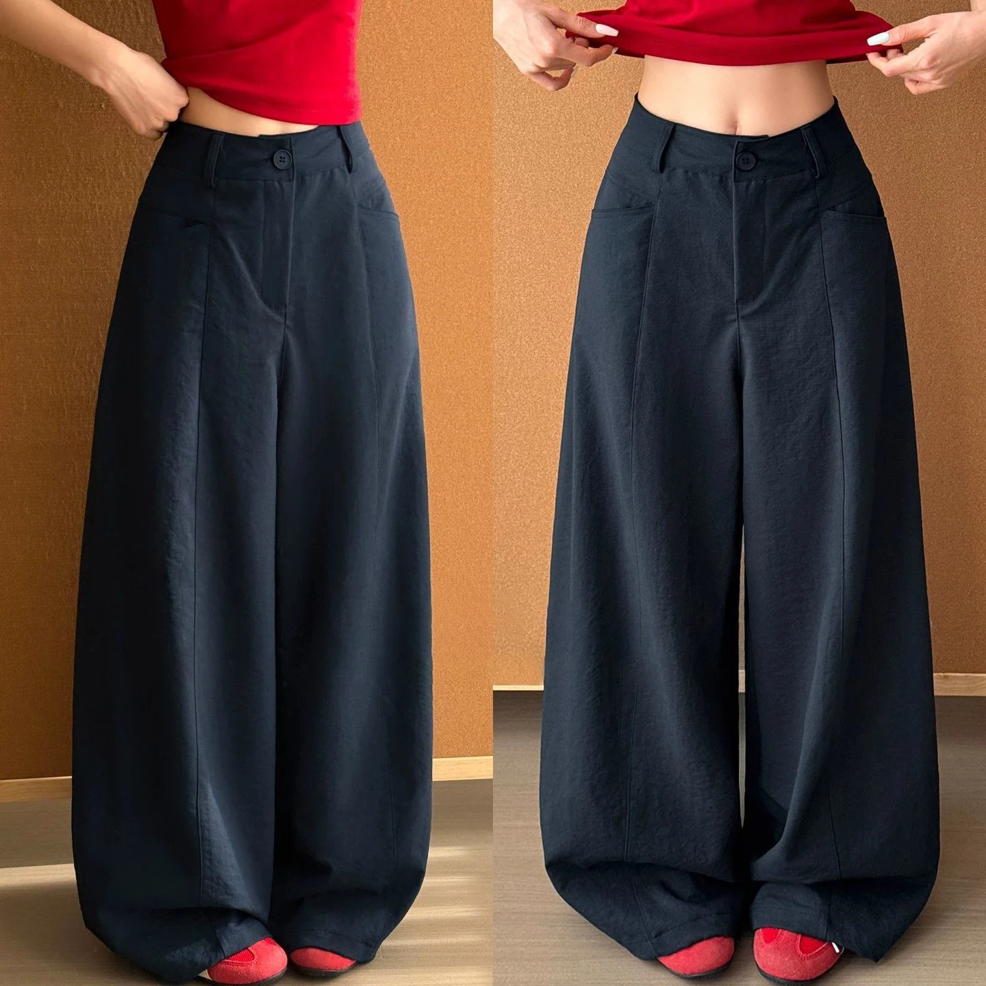 Navy Blue Women's Wide Leg Pants Autumn Chic High Waist Loose Straight Cut Pants Commute Suit Pants