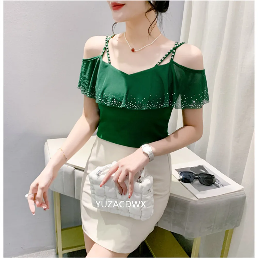 Summer New Fashion Mesh Hot Diamond Drill Spliced V-Neck Top Shoulder Strap with Diamond Sexy And Slimming T-Shirt Tees