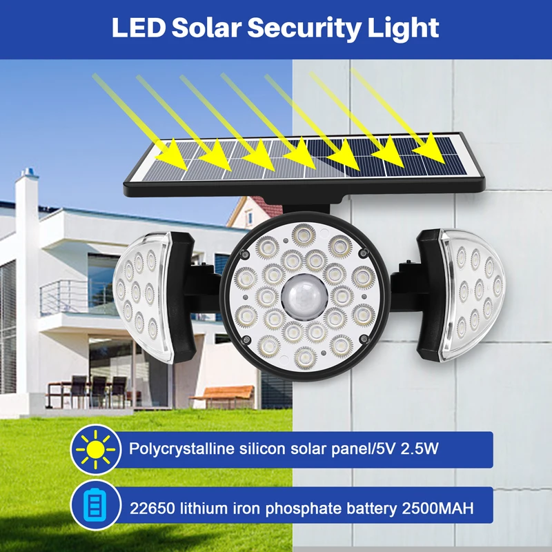 ワイヤレス屋外ソーラーライト,38 LED,セキュリティウォールライト,360 ° 回転,3モード,ip65,ガレージ,庭,正面玄関,庭