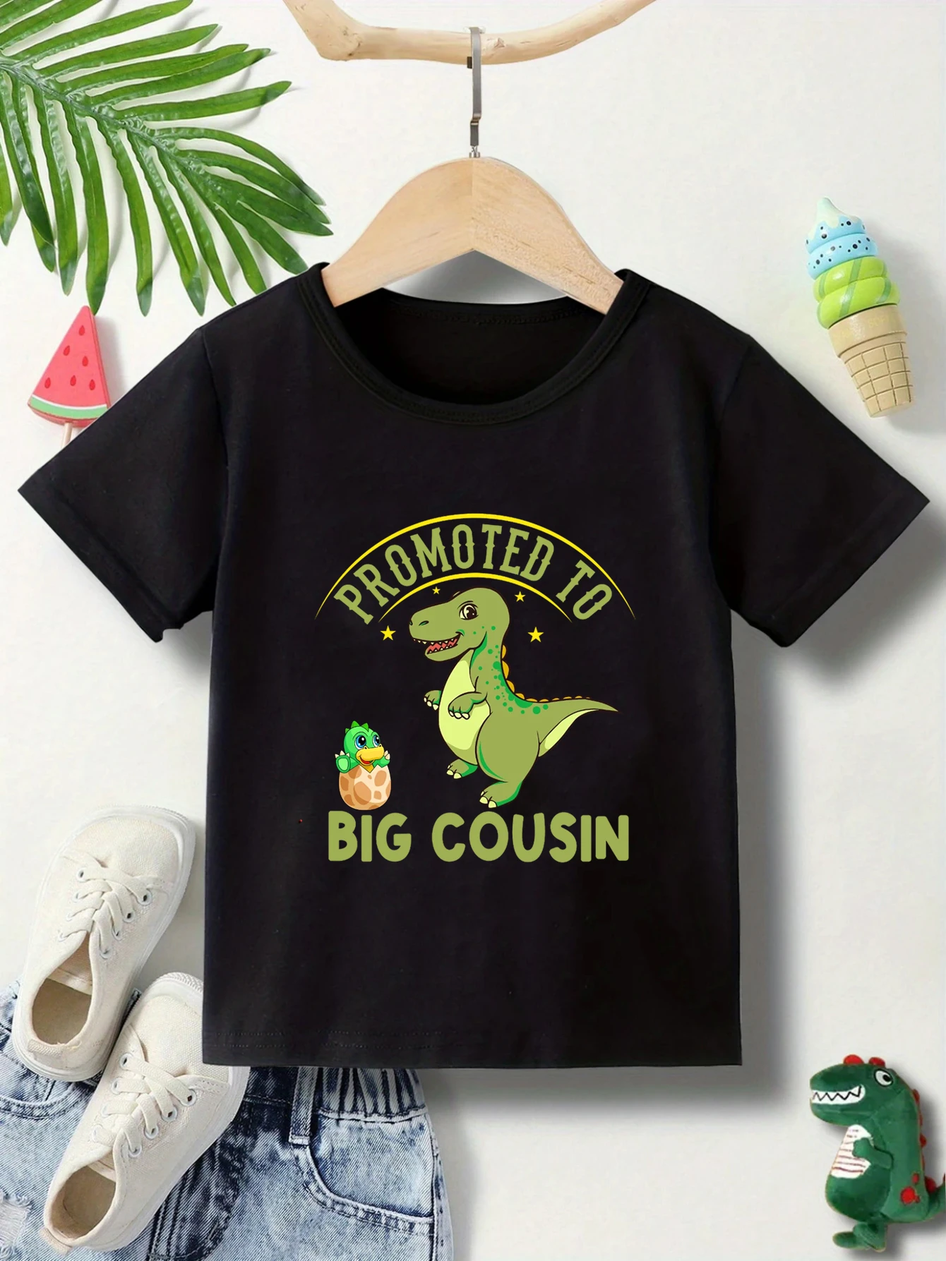 Promoted To Big Cousin Dinosaur Graphic Print T-Shirt Cute Boys Dinosaur Harajuku Casual Kids Short Sleeve Solid T-Shirt Tops