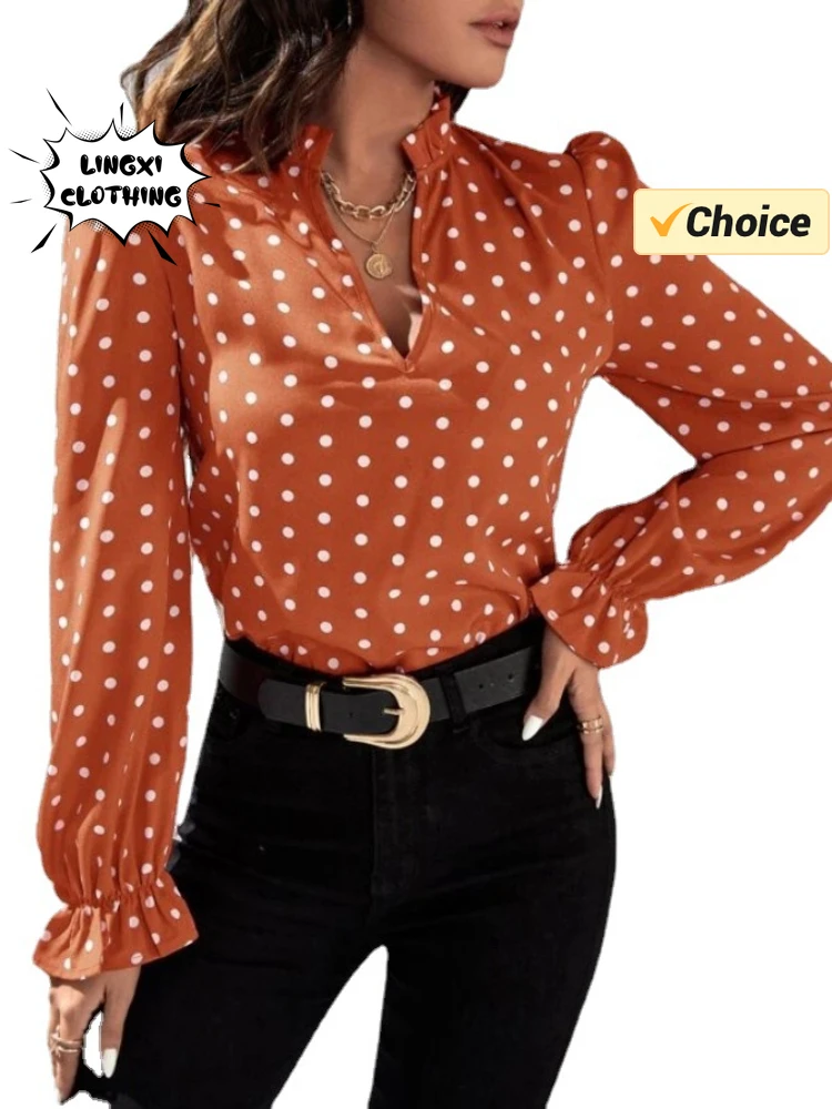 2024 Summer Fashion New Women\'s Youth Elegant Professional Style V-neck Polka Dot Long Sleeved Casual Chiffon Girl\'s Shirt