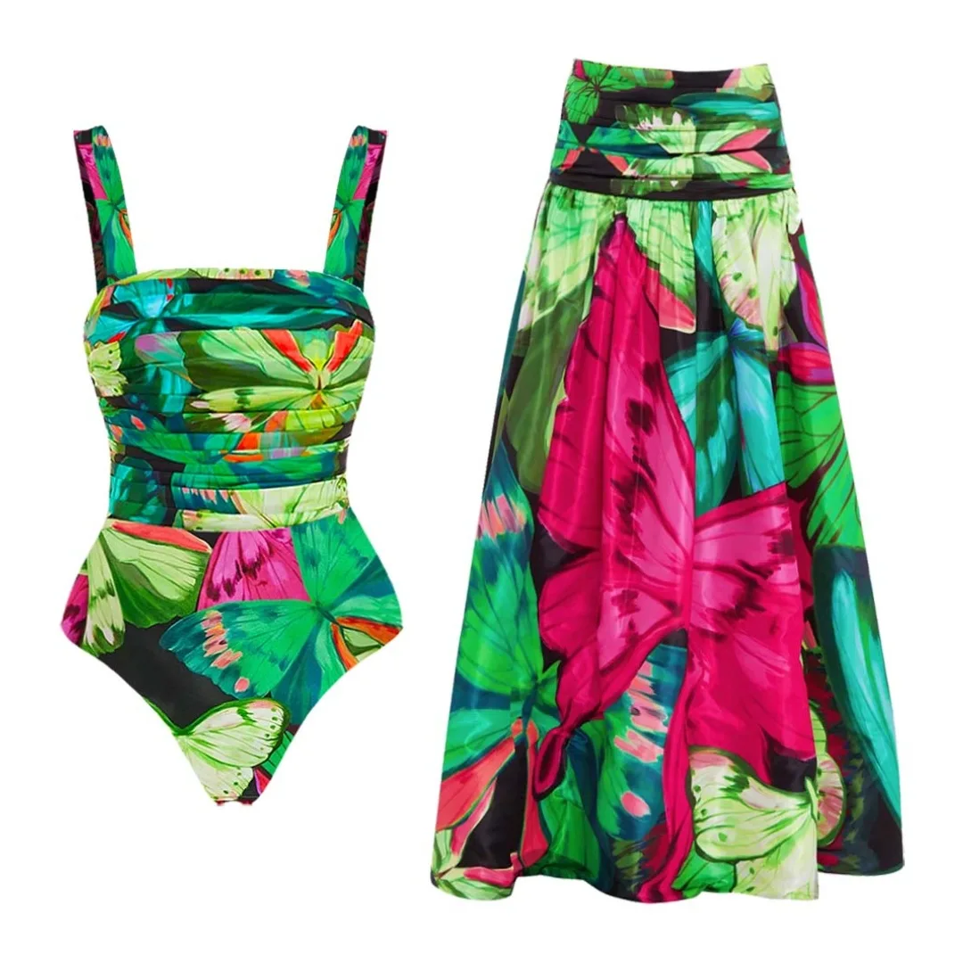 

Printed One-piece Swimsuit with Skirt 2025 Classic Lace Up Swimsuit Women's Push Up Flower One-piece Suit Beach Wear For Female