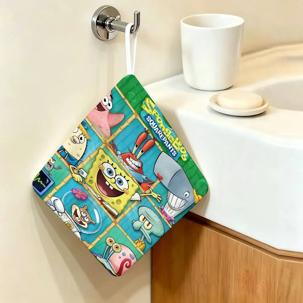 Cartoon Cute S-SpongeBob Hanging Kitchen Towel, Polyester Cotton Material, Multipurpose Hand Wiping Towel for Family