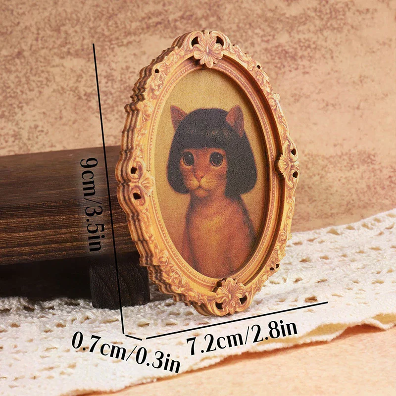 1Pc Mini Oval Retro Wooden Photo Frame Fridge Magnet Funny Cat & Haircut Modern Kitchen Decor Durable Refrigerator Ornament