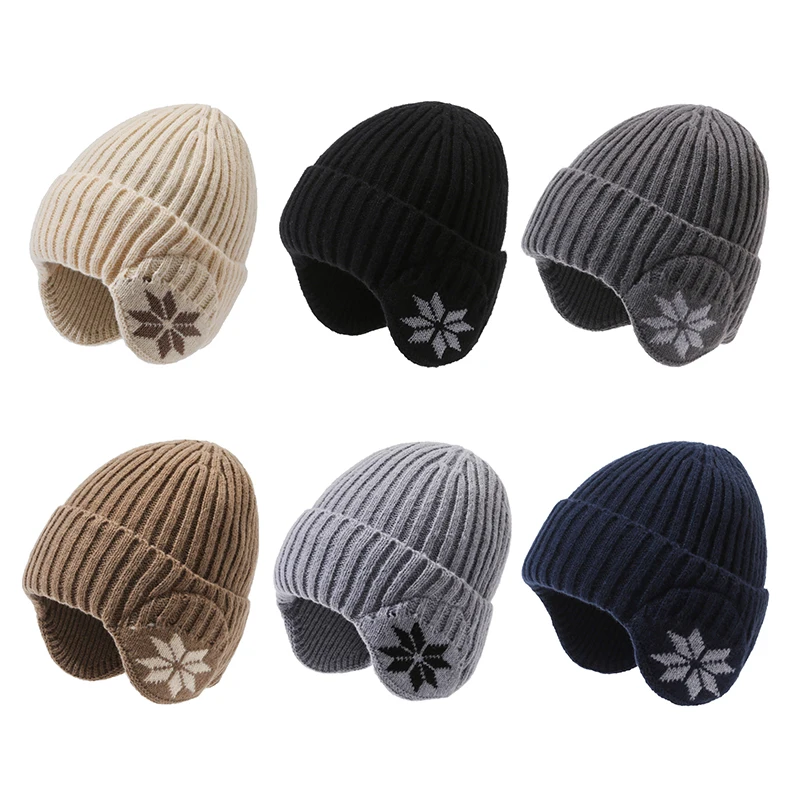 1PC Winter New Fashion Unisex Classic Knitted Hat With Earflap Beanie Hats For Men Women Outdoor Cycling Padded Keep Warm Cap