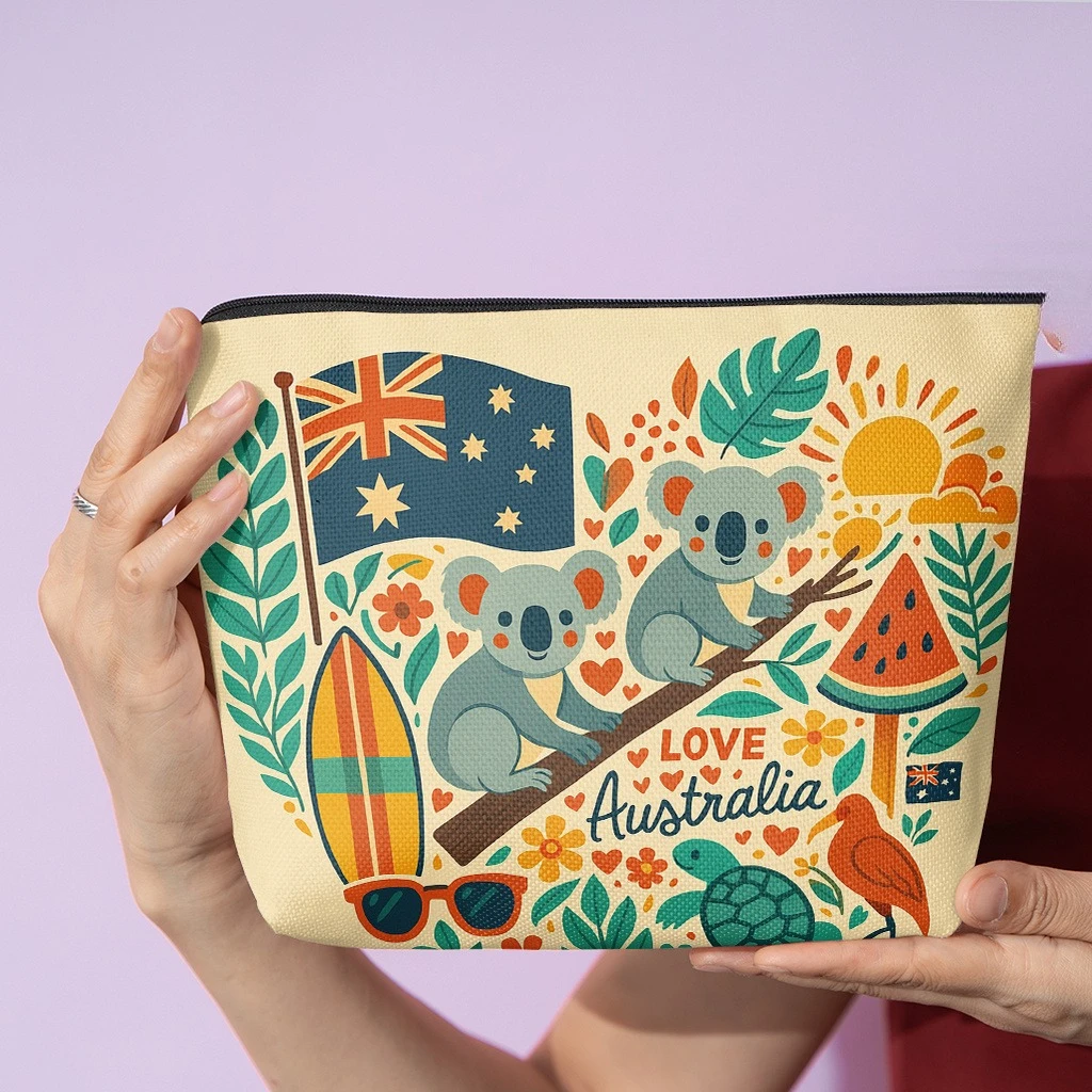 1pc Australian-Themed Cosmetic Bag with Kangaroo & Map Print - Stylish Zippered Multi-Use Wallet & Organizer