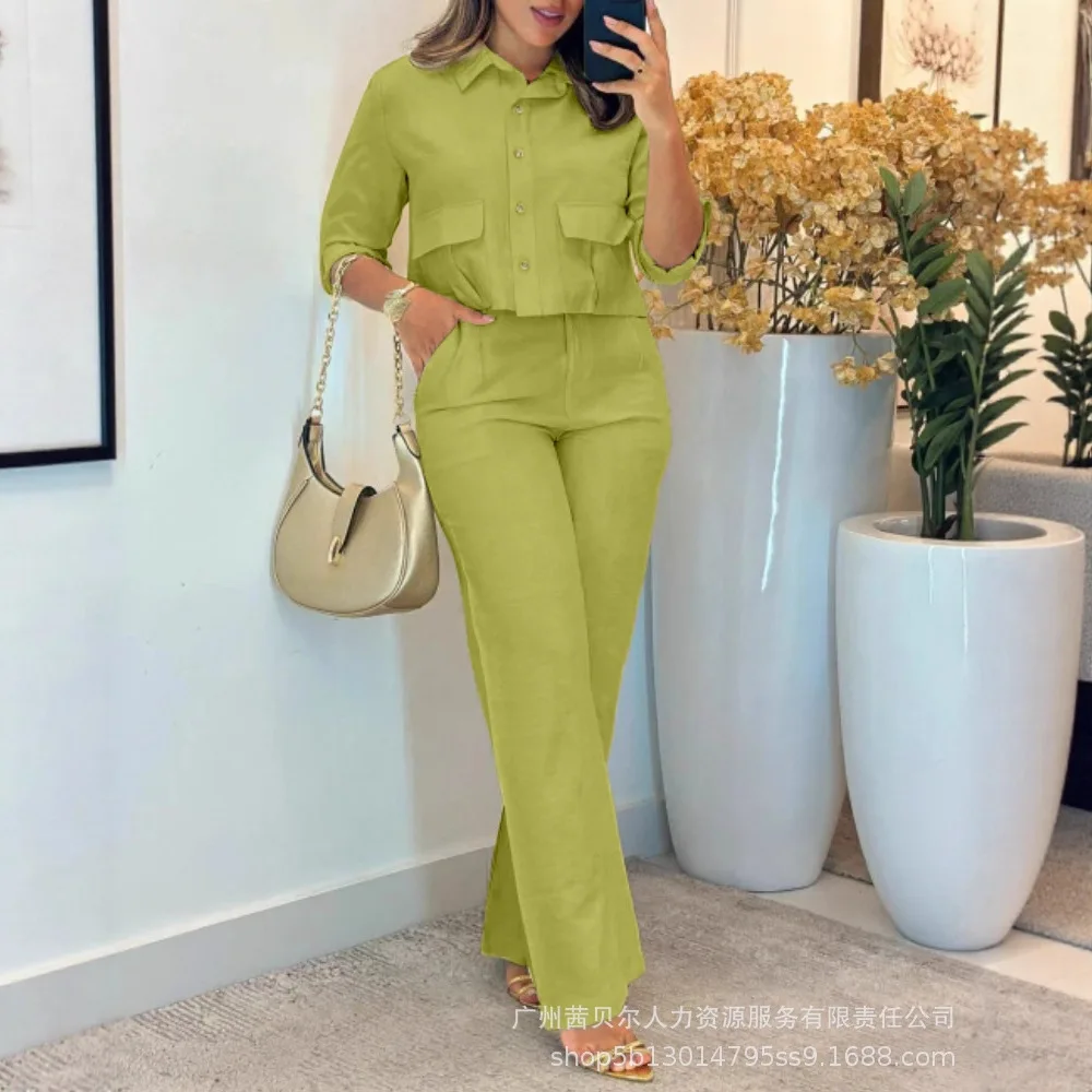 المرأة قطعتين مجموعة بانت مجموعات قميص واحدة الصدر تقسم طويل مجموعة بناطيل رجالي الصلبة كم كامل جيوب Y2k الشارع الشهير صيف 2025