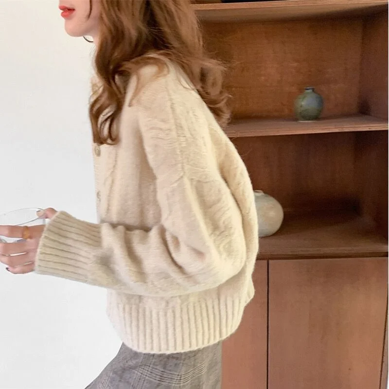 Autumn Elegant Warm Sweater Cardigan Fashion Loose Thick V-neck Knitted Sweater Gentle Vintage Winter Clothes Women Tops 16053