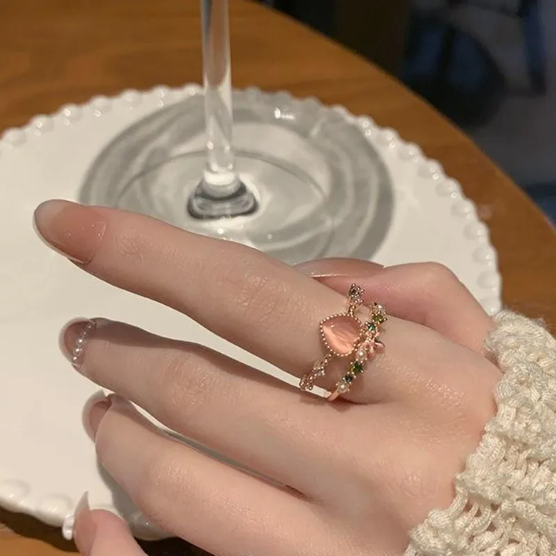 Y2K Pink Crystal Irregular Heart Ring Vintage Shiny Zircon Opal Love Open Ring for Women Kpop Punk Girl Party Jewelry Xmas Gifts