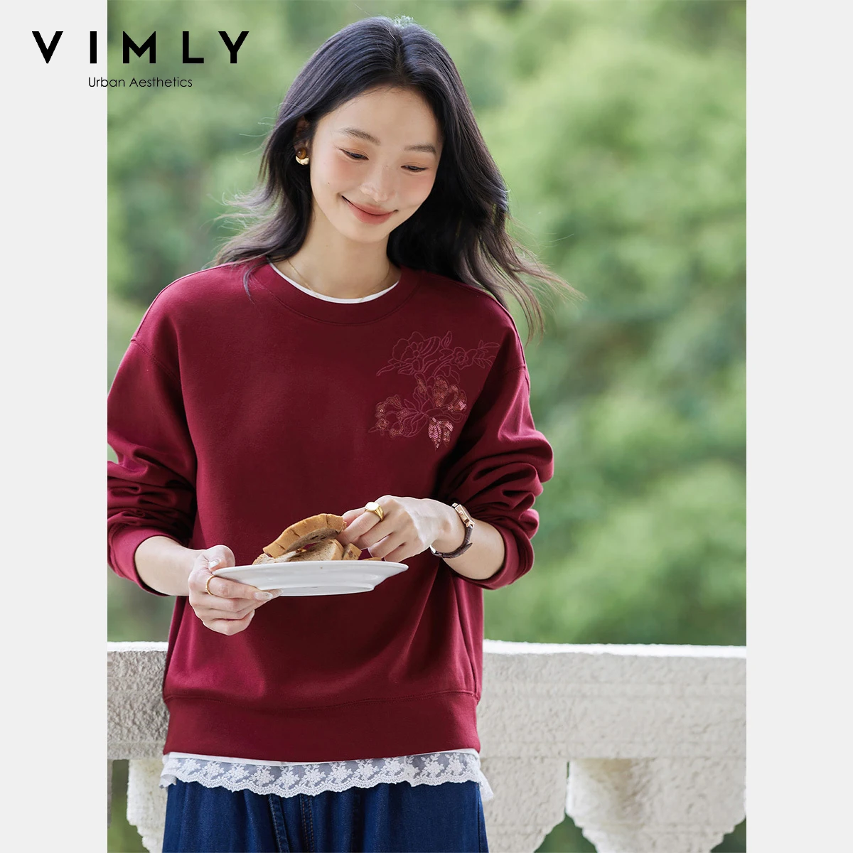 VIMLY Sweatshirts Women Knitted Bead Embroider Casual Crew Neck Loose Tops Ladies Long Sleeve Female Sweater Autumn 2025 A2171