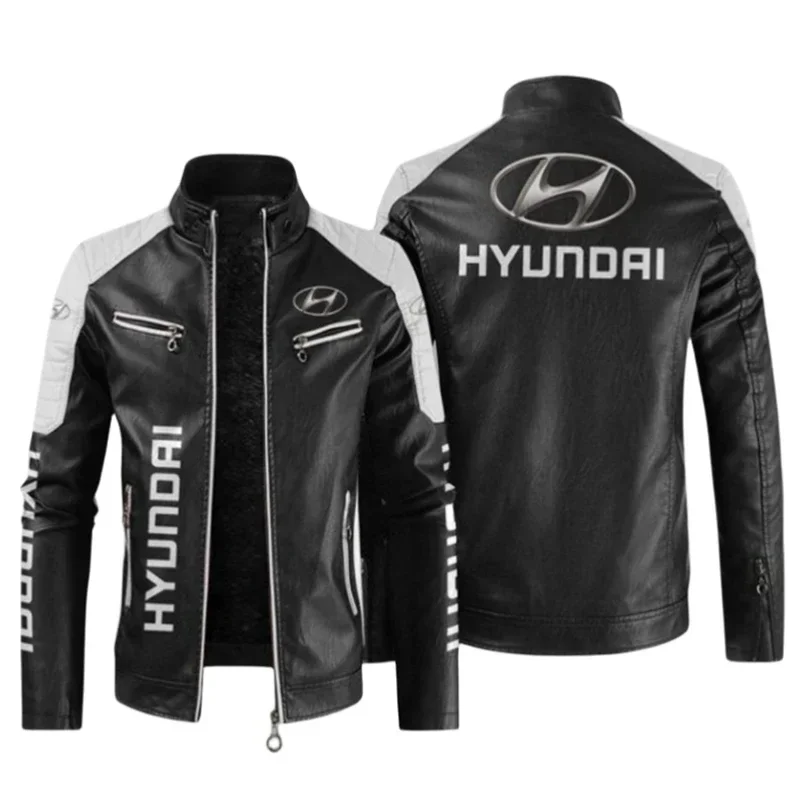 HYUNDAI Logo  Fleece Fur Leather Jacket Men Winter Fashion Zipper Straight Hem Formal Casual Coats Bomber Leather Jacket