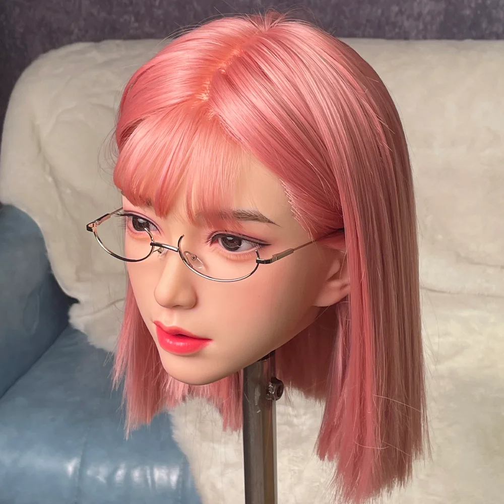 نموذج رأس أنثى قصير الشعر وردي رائع للغاية، نسخة 1:1 من نموذج رأس أنثى، شخصية رأس مثيرة، سيليكون (بدون ملحقات)