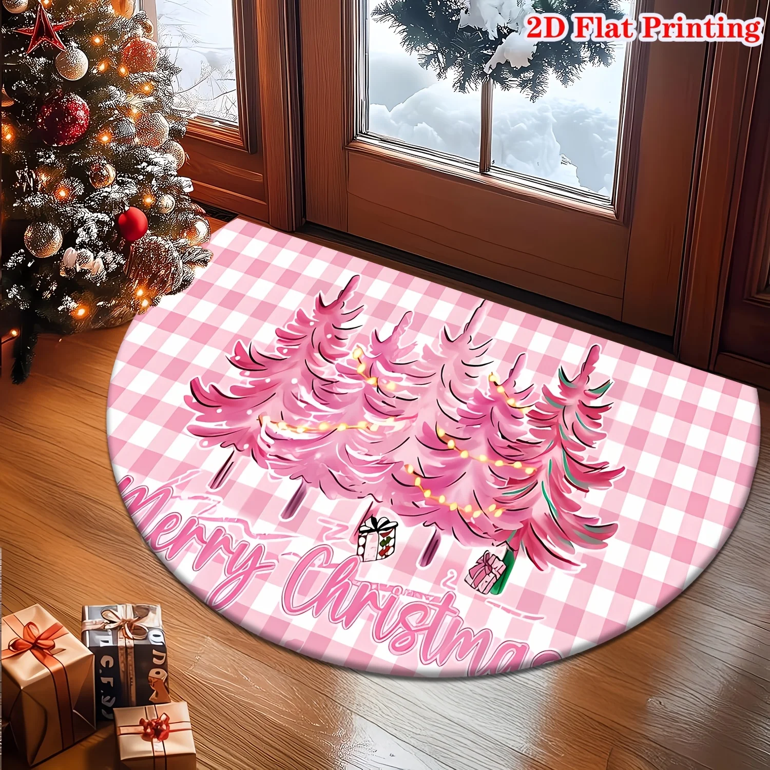 Pink Plaid Christmas Tree String Light Girly Semi Circle Doormat For Contemporary Entrance Stylish Greeting Floor Mat