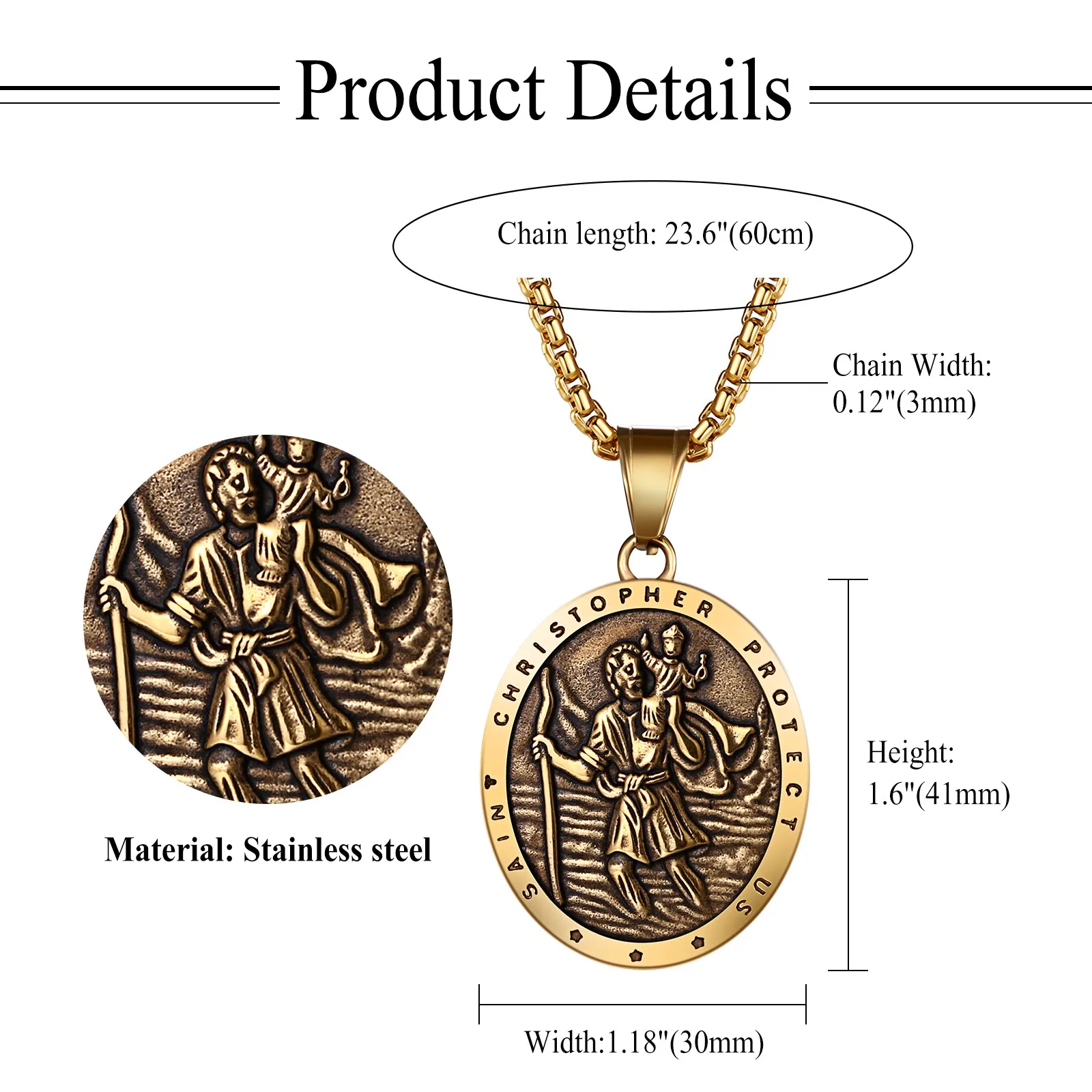 Saint Christopher Medal Necklace for Men Vintage Oval Stainless Steel Pendant St Christopher Catholic Traveler Amulet Gift - view 2