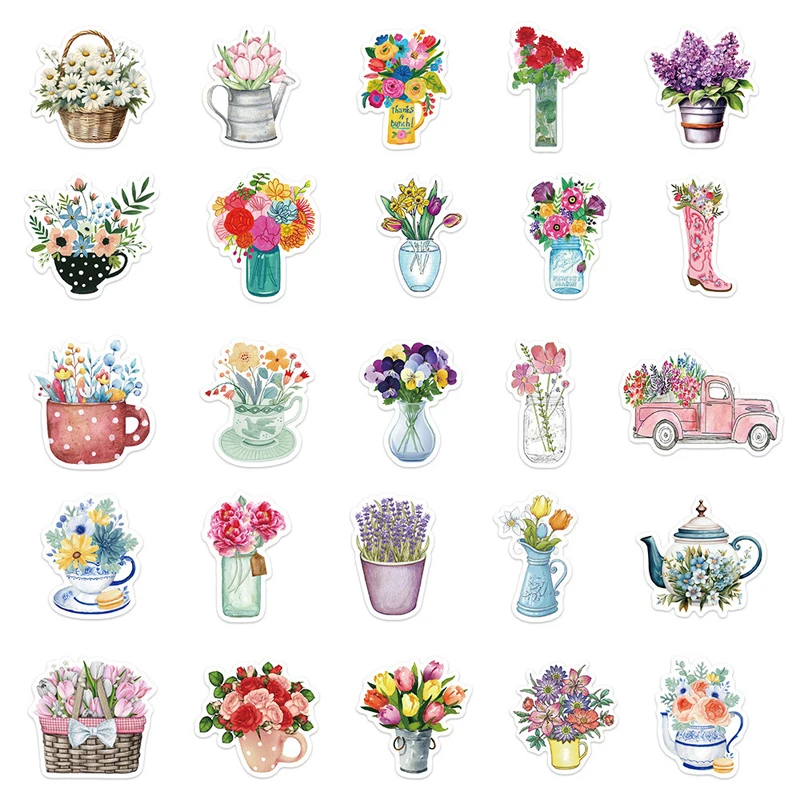 50PCS Flower Graffiti Stickers Flower Natural Decorative Decals Aesthetic Waterproof  Sticker Journaling Notebook Sticker Toys