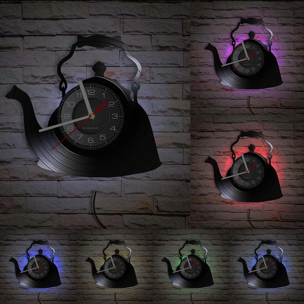 Modern Kitchen Artwork Teapot Wall Clock Tea Room Wall Decor Teapot Retro Vinyl Record Wall Clock Kitchen Decorative Wall Watch image 6