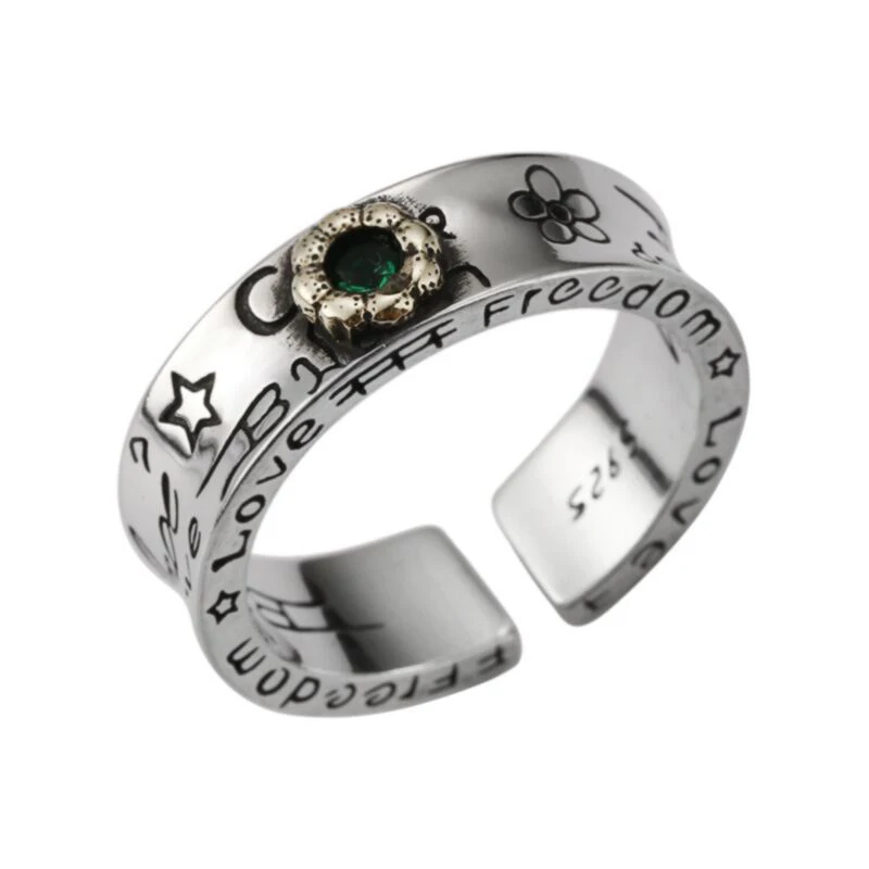 Foxanry Green Zircon Letter Graffiti Flower Rings For Women Girls Vintage Trendy Elegant Classic Cute Birthday Jewelry Gifts