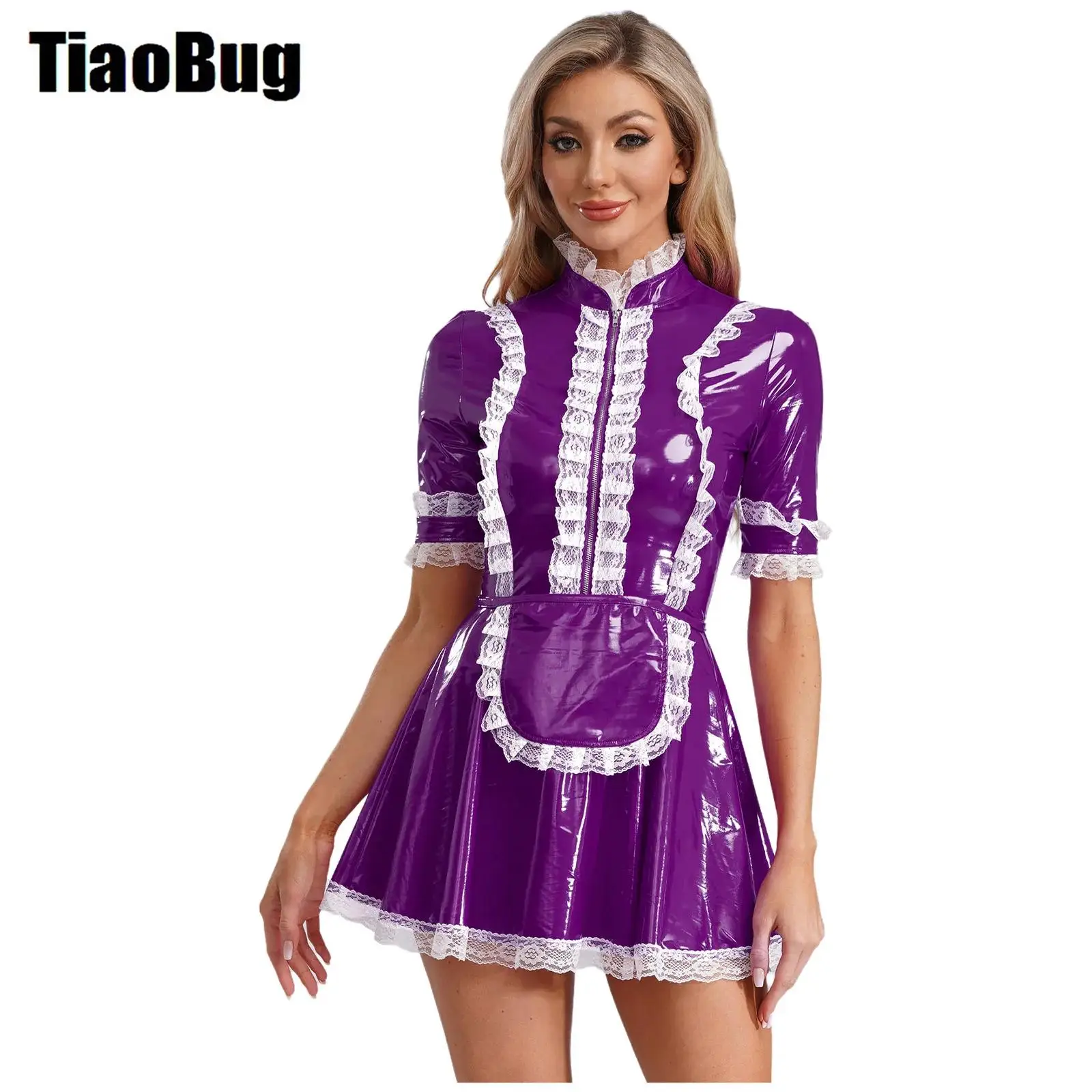 

Women Maid Role Play Uniform Leather Maid Cosplay Costume Short Sleeve Lace Trim Dress with Apron Cosplay Costume