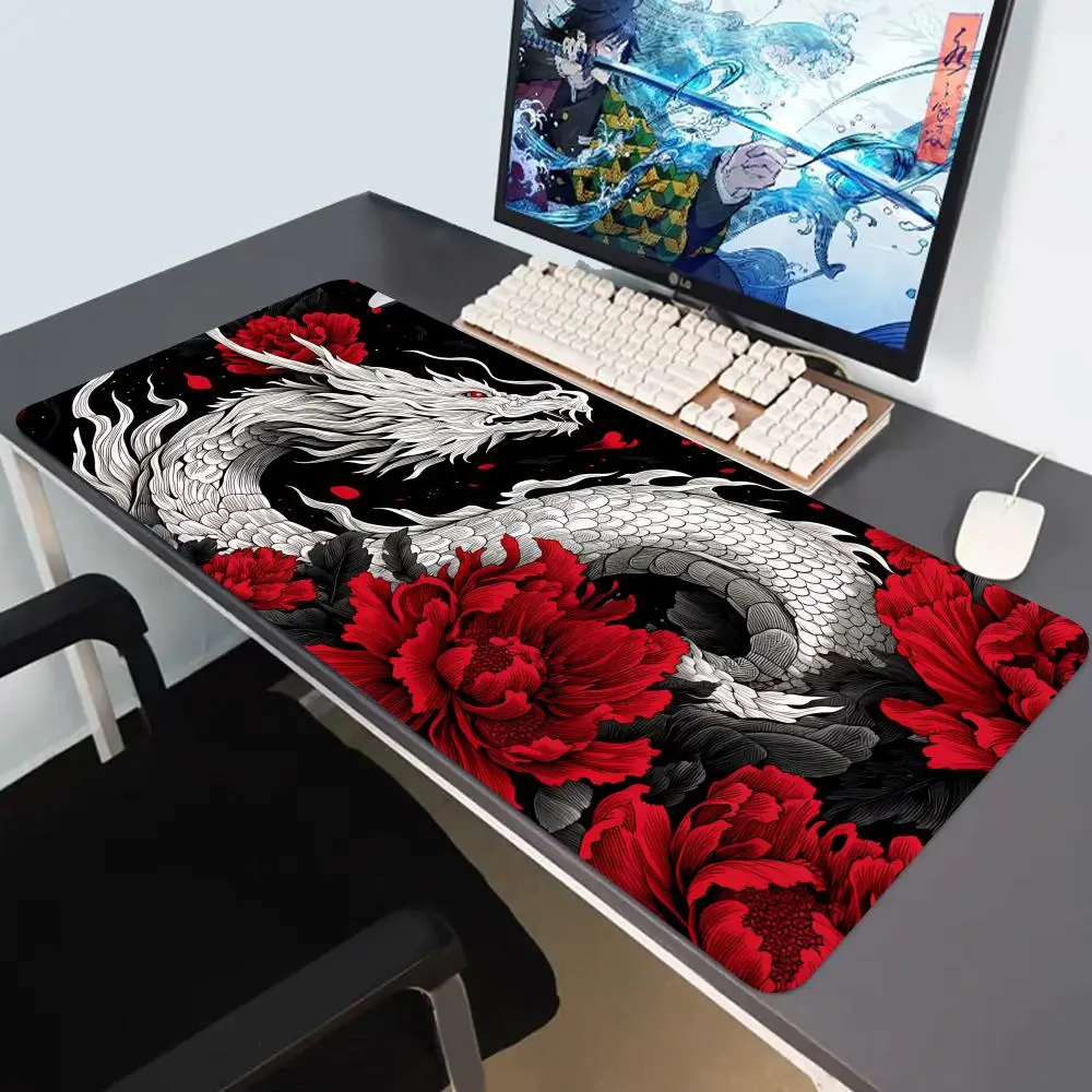 

HYBXAXC White Dragon Mousepad Japanese Mythical Serpent with Red Peonies, Large Desk Mat Gaming MousePad Laptop Gamer Gaming Mat