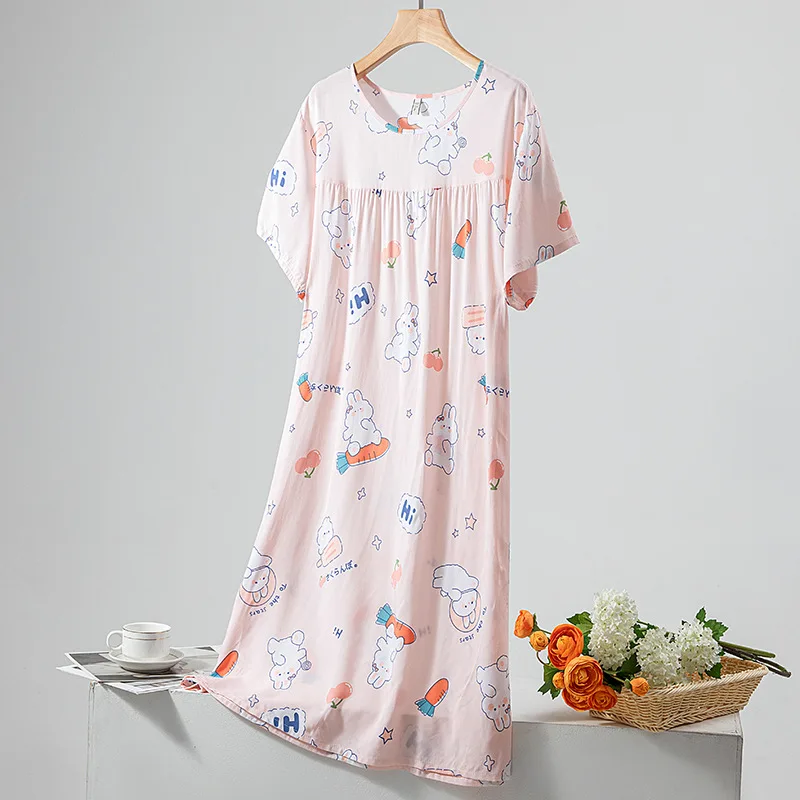 Loose Women Lingere Nightgown Loose Female Nightdress Summer Thin Short Sleeve Night Gown Cartoon Home Dress Sexy Sleepwear