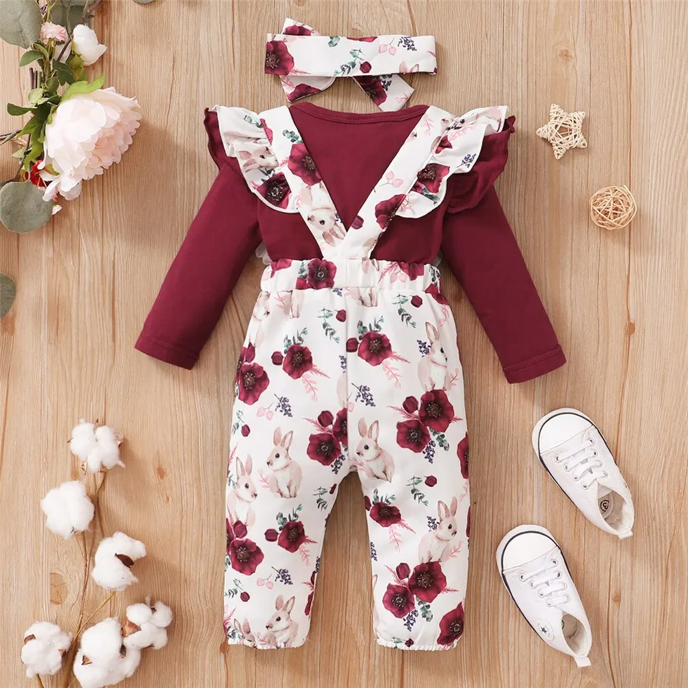 0-24 Months Newborn Baby Girl 3PCS Clothes Set Long Sleeve Romper+Flower Strap Pants+Headband Spring&Autumn Lovely Outfit