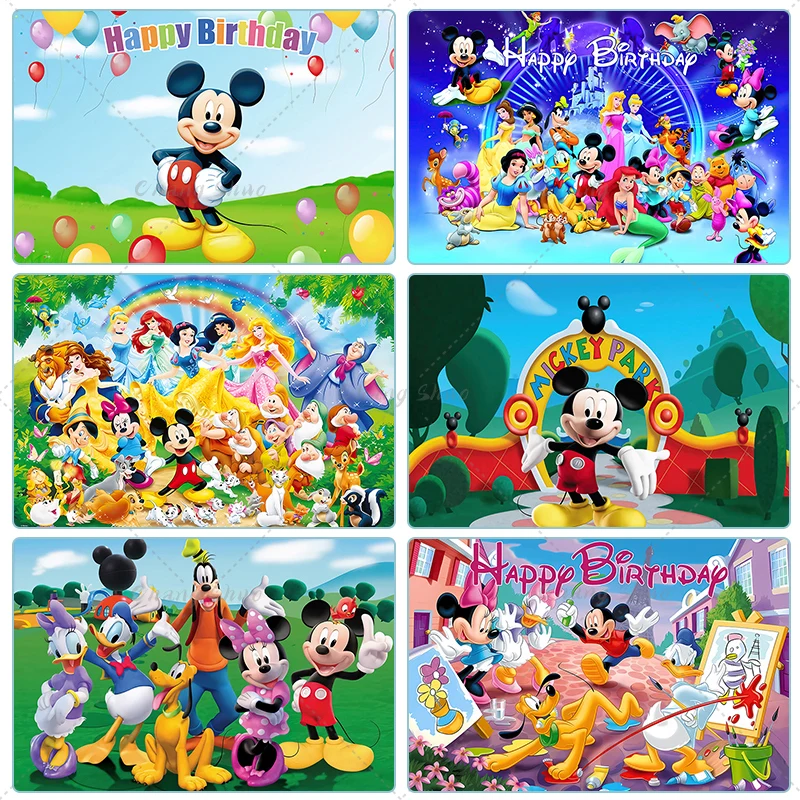 Custom Cartoon Mickey Minnie Mouse Donald Duck Happy Birthday Backgrounds Decors Vinyl Cloth Party Backdrops Baby Shower Banner